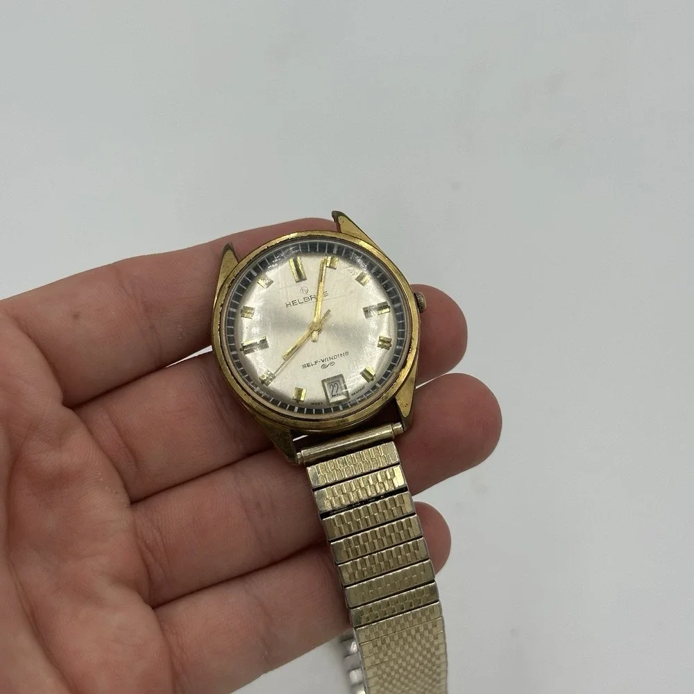 VTG 60s Helbros Self Winding Mechanical Watch DateJust For Parts Broken Gold Ton